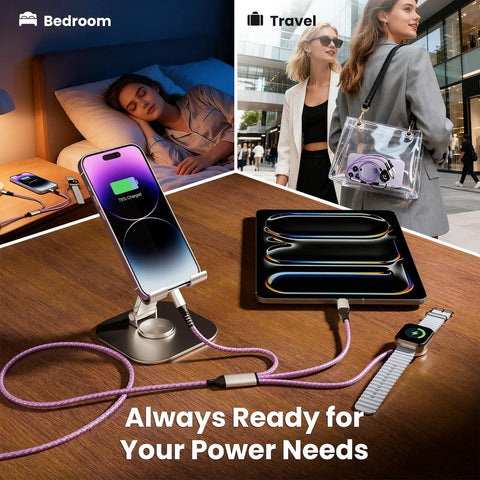 3 In 2 USB A To C Charging Cable For iPhone And iWatch, braided 5 ft multi charger cord, purple, bedside and travel scene