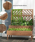 Raised Garden Bed With Trellis And Two Planter Boxes 2 Tier Outdoor Wooden Elevated Planter Box With Legs And Drainage Holes Built To Last From Durable Fir Wood For Flowers Herbs Vegetables And Fruits Brown, side view showing reinforced wooden construction with lush greenery, planter boxes, and trellis setup.