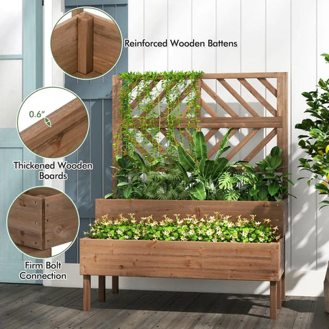 Raised Garden Bed With Trellis And Two Planter Boxes 2 Tier Outdoor Wooden Elevated Planter Box With Legs And Drainage Holes Built To Last From Durable Fir Wood For Flowers Herbs Vegetables And Fruits Brown, side view showing reinforced wooden construction with lush greenery, planter boxes, and trellis setup.