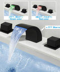 Matte Black Waterfall Bathroom Faucet With LED Temperature Indicator 8 Inch Widespread Three Hole Vanity Sink Faucet With Dual Knobs Sleek Modern Waterfall Style For Master Bath showing LED color indicator in blue for cold water.
