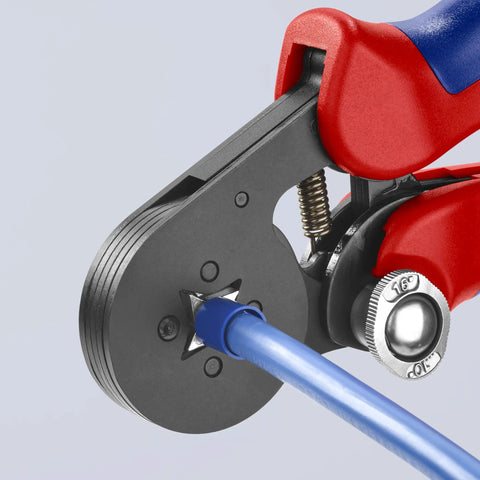 Close-up of Self Adjusting Crimping Pliers For Ferrules And End Sleeves DIN 46228 Compliant Lateral Insertion, blue wire crimping.