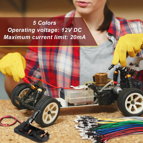 Person using 12V LED Lights Kit With 220 Pieces to wire RC car, showing multicolor 3mm diodes and battery holder, 5 colors visible.