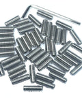Fifty Pack Stainless Steel Hex Socket Set Screws One Quarter Twenty By Three Quarter Inch Length With Allen Head And One Eighth Inch Allen Wrench Included Built Tough For Heavy Duty Machinery And Everyday Projects laying on a surface with Allen wrench.