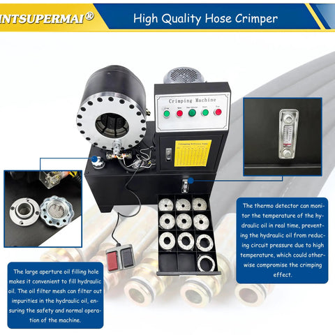 Kickass Heavy Duty Electric Hydraulic Pipe Crper And Hose Crimping Machine With Ten Interchangeable Dies For Six To Fifty One Mm Auto Brake Ac And Steering Tubes Built For Serious Tradesmen in use with pressure controls and crimp tooling.