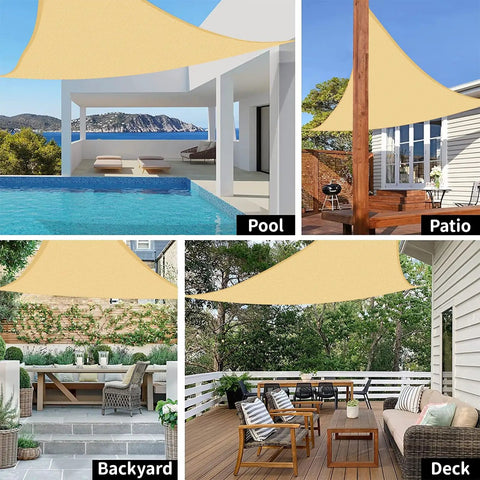 12 Ft By 12 Ft By 12 Ft Sun Shade Sail Triangle Canopy for Patio Garden and Outdoor Backyard in sand color over pool, patio, backyard, and deck.