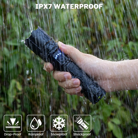 Hand holding Rechargeable Flashlights 99000 Lumens Super Bright LED With 15 Hour Runtime 5 Modes IPX7 Waterproof in rain