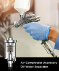 Heavy Duty Oil Water Separator For Air Compressors, 1/4 Inch NPT 90 Psi, moisture separator attached to sprayer.