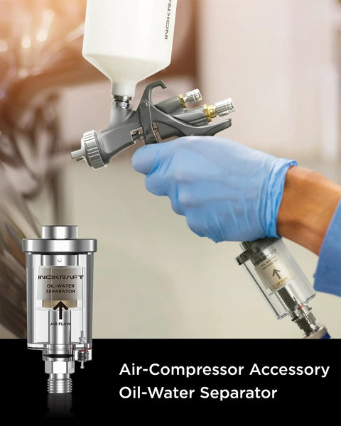 Heavy Duty Oil Water Separator For Air Compressors, 1/4 Inch NPT 90 Psi, moisture separator attached to sprayer.