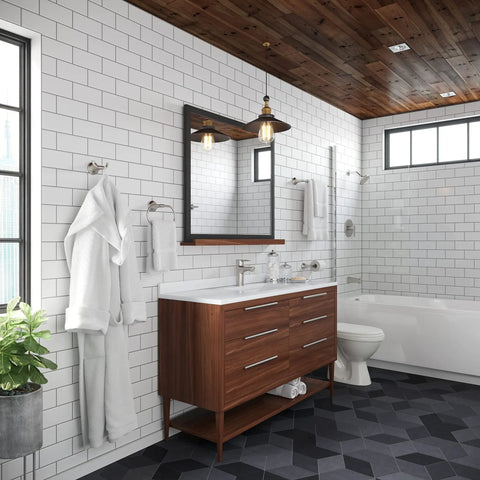 Bathroom interior with white tiles, wooden vanity, mirror, and bathtub. R89070K Brushed Nickel Modern 1-Handle Tub And Shower Trim Kit visible.