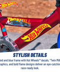 Close-up of red bike frame with Hot Wheels decals, illustrating design details of Red 18 Inch Kids Bike for Learning to Ride
