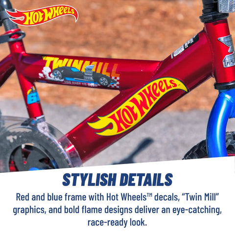 Close-up of red bike frame with Hot Wheels decals, illustrating design details of Red 18 Inch Kids Bike for Learning to Ride