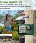 Water Timer For Outdoor Garden Hose With Auto, Manual And Rain Delay Modes attached to faucet showing manual watering