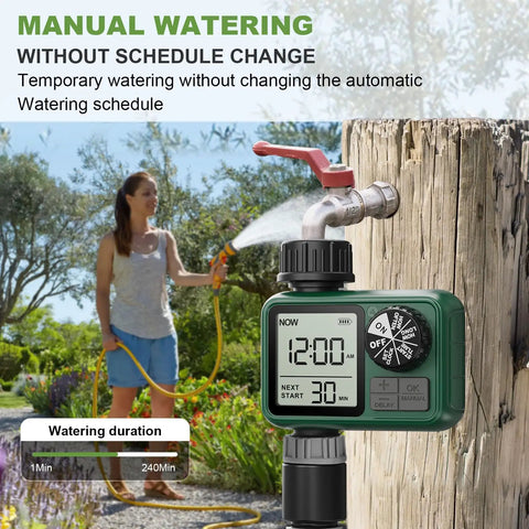 Water Timer For Outdoor Garden Hose With Auto, Manual And Rain Delay Modes attached to faucet showing manual watering