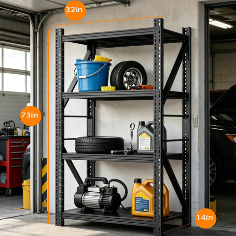 Beefed Up Garage Shelving System 73 Inches High, ultra heavy duty steel shelf with tools and tires in garage