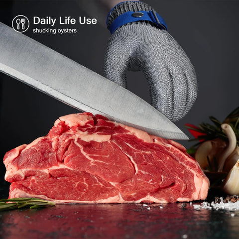 ANSI A9 Cut Resistant Stainless Steel Mesh Glove For Kitchen Use Pro Chef Grade Safety Food Grade Shield For Mandoline Slicing Meat Cutting Oyster Shucking Large Size Heavy Duty Protection shown slicing raw meat with a knife.