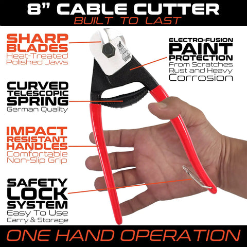 Heavy Duty 8 Inch Wire Rope Cutter for DIY Projects Railing Decking and Bicycle Cable Use No Sweat One Hand Operation Steel Cable Cutter