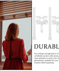 Woman gazing out window beside Top Shelf Vertical Blind Carrier Replacement Parts With Stem Upgrades for easy installation.