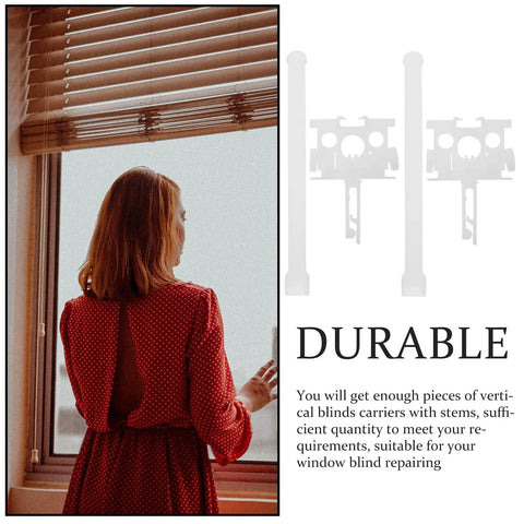 Woman gazing out window beside Top Shelf Vertical Blind Carrier Replacement Parts With Stem Upgrades for easy installation.