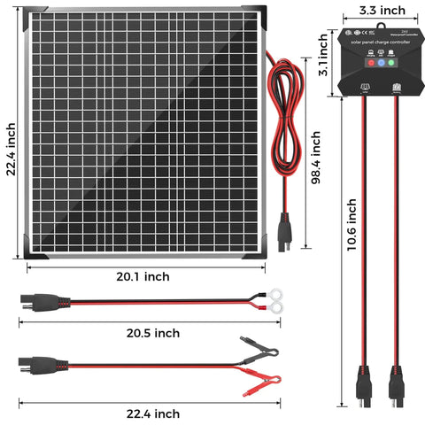 50W 24V Solar Panel Kit With MPPT Charge Controller And Adjustable Bracket showing dimensions and cables for RV Car Boat