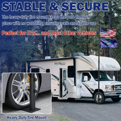 RV with 20Ft RV Telescoping Flag Pole Kit with Heavy Duty 14 Gauge Aluminum Flagpole and Tire Mount Base Portable Flag Kit