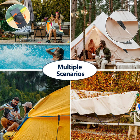 Multiple scenarios using 45Pcs Heavy Duty Tarp Clips Set With Lock Grip Carabiner Clips And Bungee Cords for various outdoor setups.