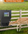 Metal Tough Galvanized Steel Deer Feeder Holds Fifty Pounds Of Corn Or Protein Mix Rust Proof Wild Game Feed Dispenser near a feeding deer