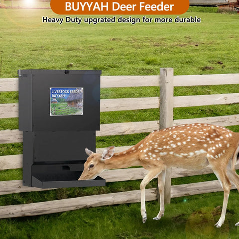Metal Tough Galvanized Steel Deer Feeder Holds Fifty Pounds Of Corn Or Protein Mix Rust Proof Wild Game Feed Dispenser near a feeding deer