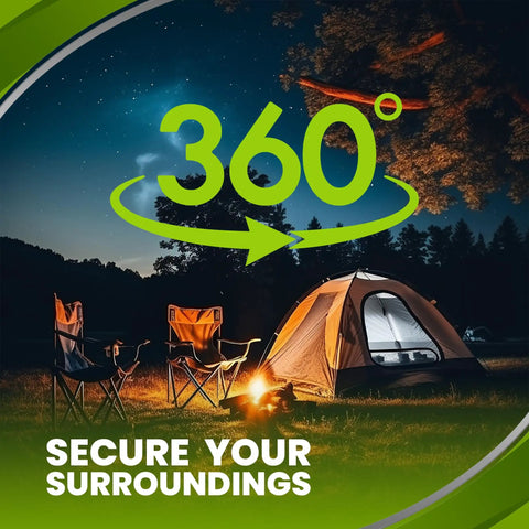 Camp scene with tent, chairs, fire, highlighting Quad 3.0 12 Gauge Perimeter Trip Alarm System With 209 And.22 Adapters in use
