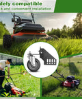 Universal Lawn Mower Swivel Wheel Kit with TPR Tires, steel brackets, and dual bearings shown on various lawn mowers