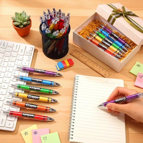 Desk with 100 Pack Crayon Themed Ballpoint Pens Bulk Pack Cute Back To School Gifts For Teachers And Coworkers in 6 Styles