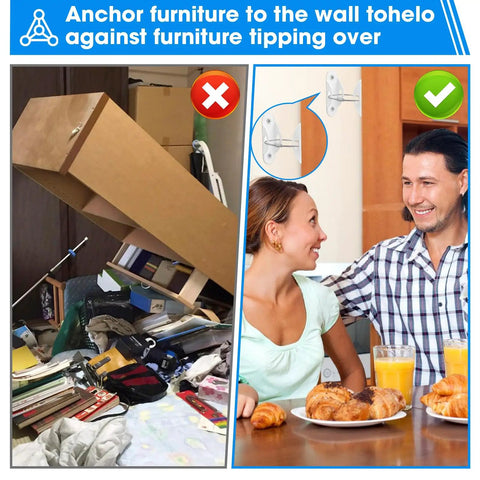 Comparison of heavy duty anti tip furniture anchors; one side shows tipping furniture, opposite side shows secured wall straps.