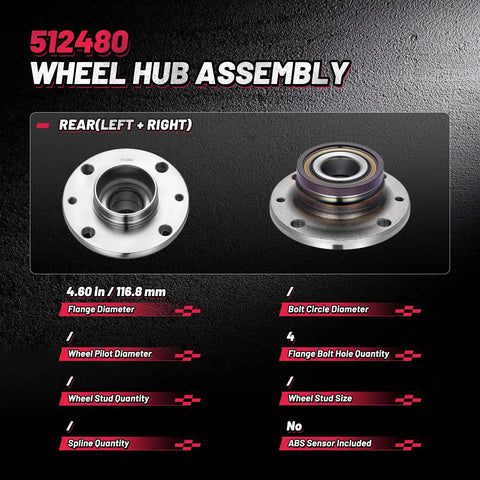 Street Tough Wheel Bearing And Hub Assembly For Fiat 500 Rear Left Right 4 Bolt Direct Bolt On Drop In Replacement No Abs Sensor - flange and bolt details