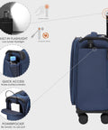 Side view of navy underseat carry on luggage 15 inch softside with spinner wheels USB port showing flashlight and quick access pockets