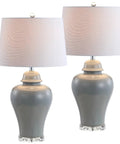 27 Inch Gray Ceramic Urn Table Lamps Set Of 2 With White Linen Shade For Living Room And Bedroom, LED Bulbs Included