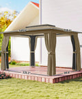 10 Foot By 12 Foot Outdoor Patio Gazebo With Double Roof, Heavy Duty Canopy Shelter, Curtains And Mesh Netting, Steel Frame, UPF30 Plus Protection, Ceiling Hooks, Ideal For Lawn Backyard Or Deck, Khaki
