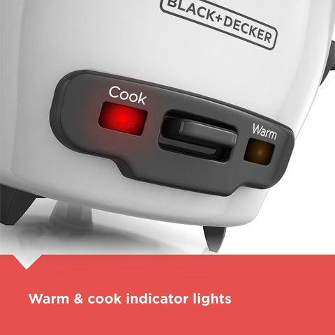 Close-up of Family Size Rice Cooker With 28 Cups Cooked Capacity, showing cook and warm indicator lights.