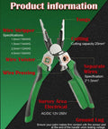 8 In 1 Wire Stripper With Voltage Tester And Multi Function Electric Pliers For Pros And DIYers, specifications labeled.