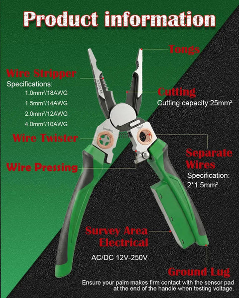 8 In 1 Wire Stripper With Voltage Tester And Multi Function Electric Pliers For Pros And DIYers, specifications labeled.