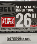 Front view of Bell 26-inch self-sealing inner tube box, fits 1.75 to 2.25 tire, standard valve with sealant.