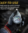 Hand holding AC Recharge Gauge Kit With 24 Inch Hose Quick Connect Coupler And Trigger Dispenser For Cars And Trucks Extra Large Dial For Easy HVAC Charging R134a Compatible Tool For Your Home Garage
