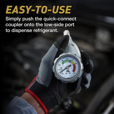 Hand holding AC Recharge Gauge Kit With 24 Inch Hose Quick Connect Coupler And Trigger Dispenser For Cars And Trucks Extra Large Dial For Easy HVAC Charging R134a Compatible Tool For Your Home Garage