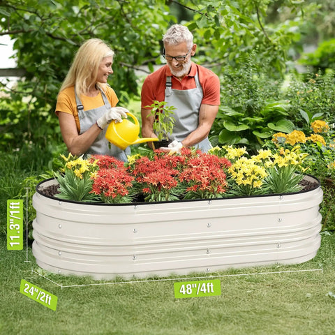 Galvanized Raised Garden Bed Set 4x2x1ft Open Bottom Design with flowers, in use in a garden setting, white and durable