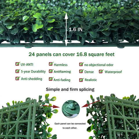 Lush Boxwood Faux Grass Wall Panels Set, 24 Panels, 10x10 Inches Each, 16.8 Sq Ft Dope Coverage, UV Protected Greenery details and splicing.