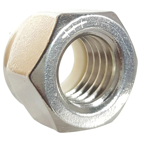 Close-up of Top Shelf No Twelve Twenty Four Nylon Insert Hex Lock Nut Cast From Corrosion Resistant Eighteen Eight Stainless Steel.