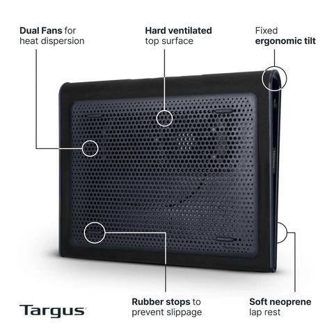 Side view of 17 Inch Dual Fan Laptop Chill Mat with Soft Neoprene Surface showing dual fans, mesh top, ergonomic tilt, and rubber stops.