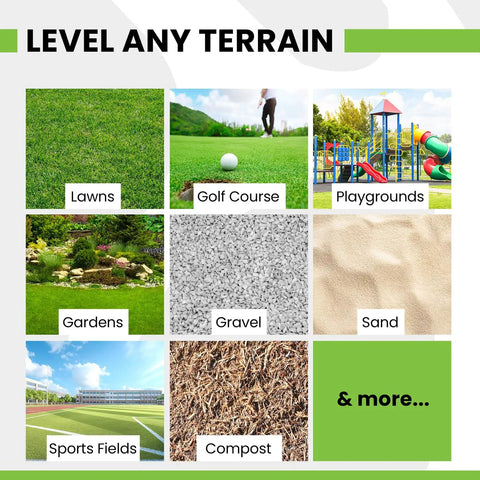 Collage showing use of Heavy Duty Lawn Leveling Rake 30 Inch By 10 Inch, Steel Yard Leveler Tool on lawns, gardens, and sports fields.