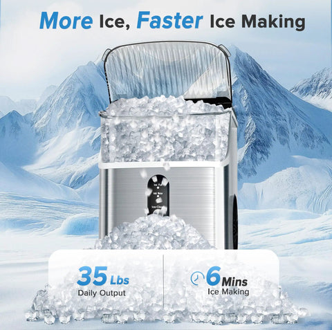 Nugget Ice Maker Countertop 34 Lbs Per Day Portable Ice Machine With Crushed Ice Self Cleaning One Click Operation For Home Kitchen Office Use Silver shown with ice output and mountains background