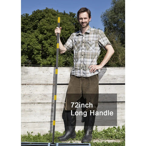 Man holding Lawn Leveling Rake With 72 Inch Long Handle And 27 By 10 Inch Ground Plate Beefy Heavy Duty Iron Construction
