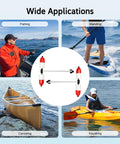 Collage showing 1 Pair Kayak and Canoe Stabilizers System With PVC Outriggers and Aluminum Arms in fishing, standing, canoeing, kayaking