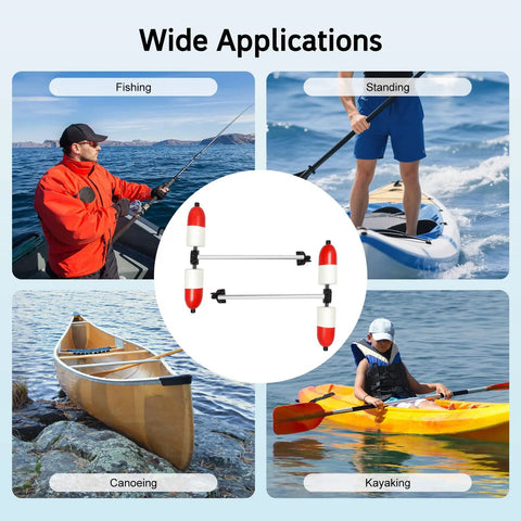 Kayak Outriggers Pair Stabilizers With PVC Floats For Kayaks And Canoes Detachable Outrigger Arms shown with wide applications